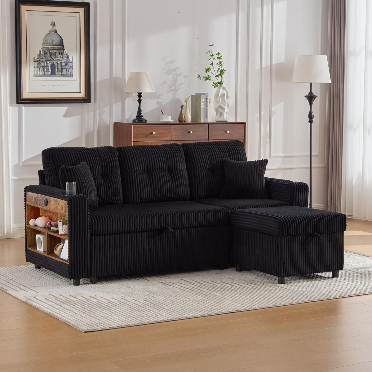 ECKSOFA mit Stauraumfunktion,Cordstoff,Schwarz - Schwarz, Textil (144/195cm) - KOMHTOM