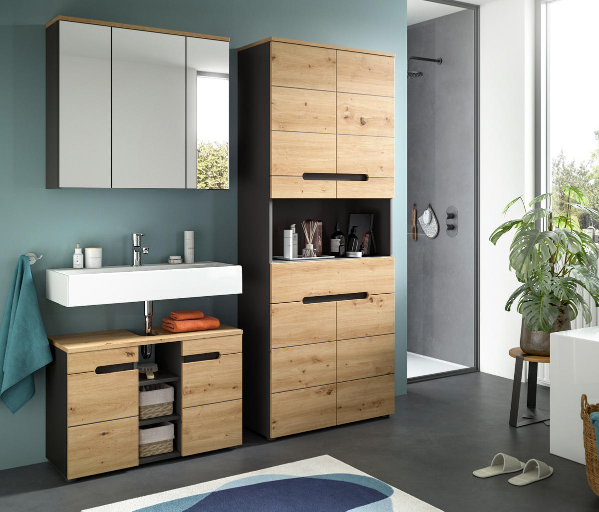 BADMÖBEL-SET Eiche, grau 3-teilig 171 cm, Komplettset mit Soft-Close - Schwarz/Eiche Artisan, Glas/Holzwerkstoff (171/193/34cm) - Inn.Furn