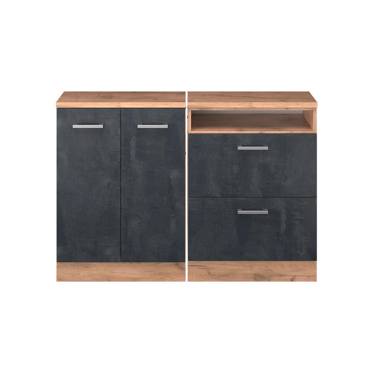 KUHINJSKI ORMAR ZA KOSINE KROVA R-Line Crni Beton 120 cm Set od 2 korpusa ormara, dubina 60 cm - hrast medunac/crna, drvni materijal (120/83.8/60cm) - Vicco
