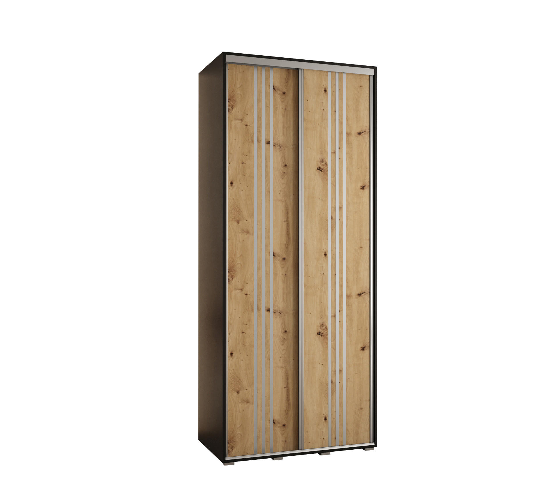 Abiks Möbel SCHWEBETÜRENSCHRANK Schwarz, Eiche Artisan, Silber 110cm × 45cm × 235cm