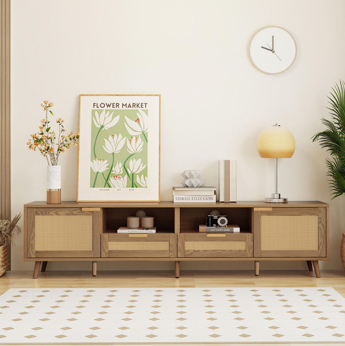 TV-SCHRANK in Eiche mit Rattan-Details, 2 Türen und 2 Schubladen 200/37/49 cm - Eichefarben, Holzwerkstoff (200/49/37cm) - Redom