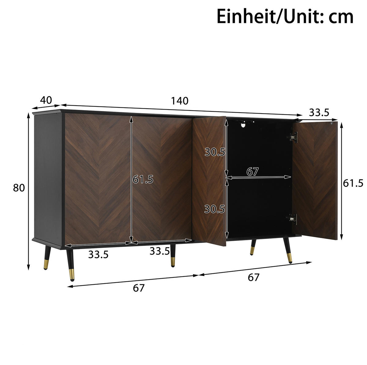 SIDEBOARD z MDF, 140/40/80 cm, černé/hnědé, se 4 dvířky a nastavitelnými policemi - černá, kompozitní dřevo (140/80/40cm) - BEAOK