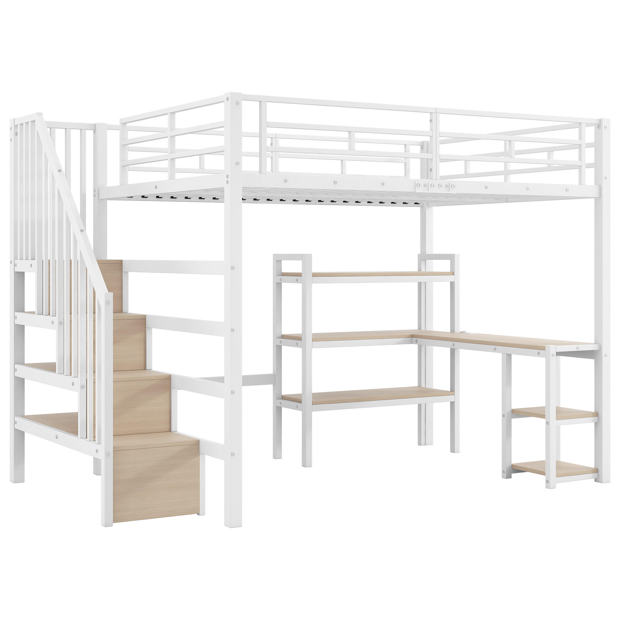 HOCHBETT 140/200 cm in Weiß mit Treppe, Schreibtisch, Regal, LED und USB - Weiß, Holzwerkstoff/Metall (140/200cm) - STILVORA