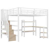 HOCHBETT 140/200 cm in Weiß mit Treppe, Schreibtisch, Regal, LED und USB - Weiß, Holzwerkstoff/Metall (140/200cm) - STILVORA