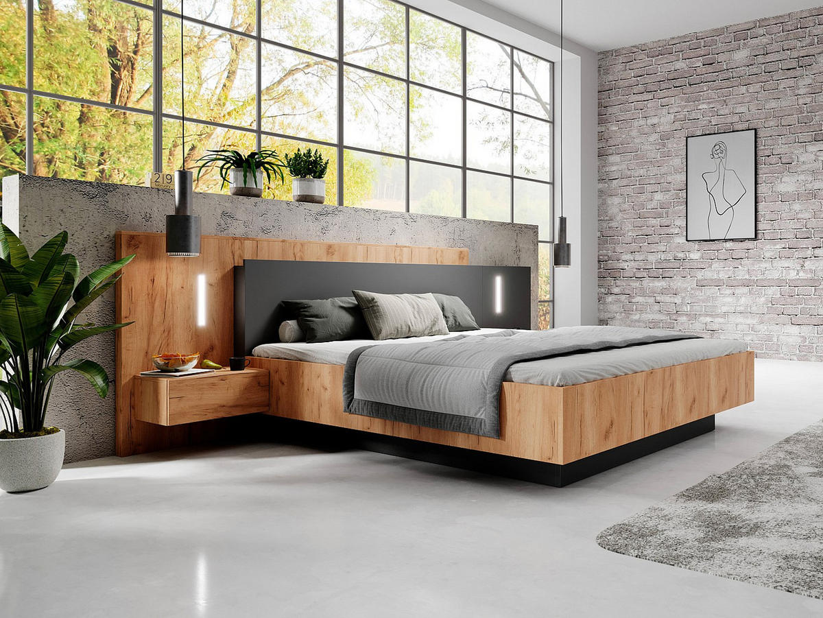 BETT mit Bettkasten - 2 Personen - Holz, Platte - Anthrazitgrau, Naturfarben Hell - - Anthrazit/Naturfarben, Holz (160/200cm) - Vente-Unique