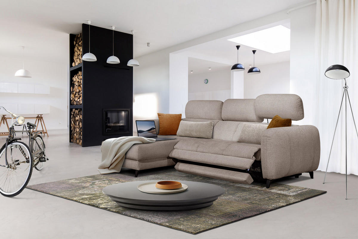 ECKSOFA SVEN 3-Sitzer, 1 Relax XL, verstellbare Kopfstützen, beige - Beige/Schwarz, Holzwerkstoff/Textil (256/163cm) - Courtois Laville