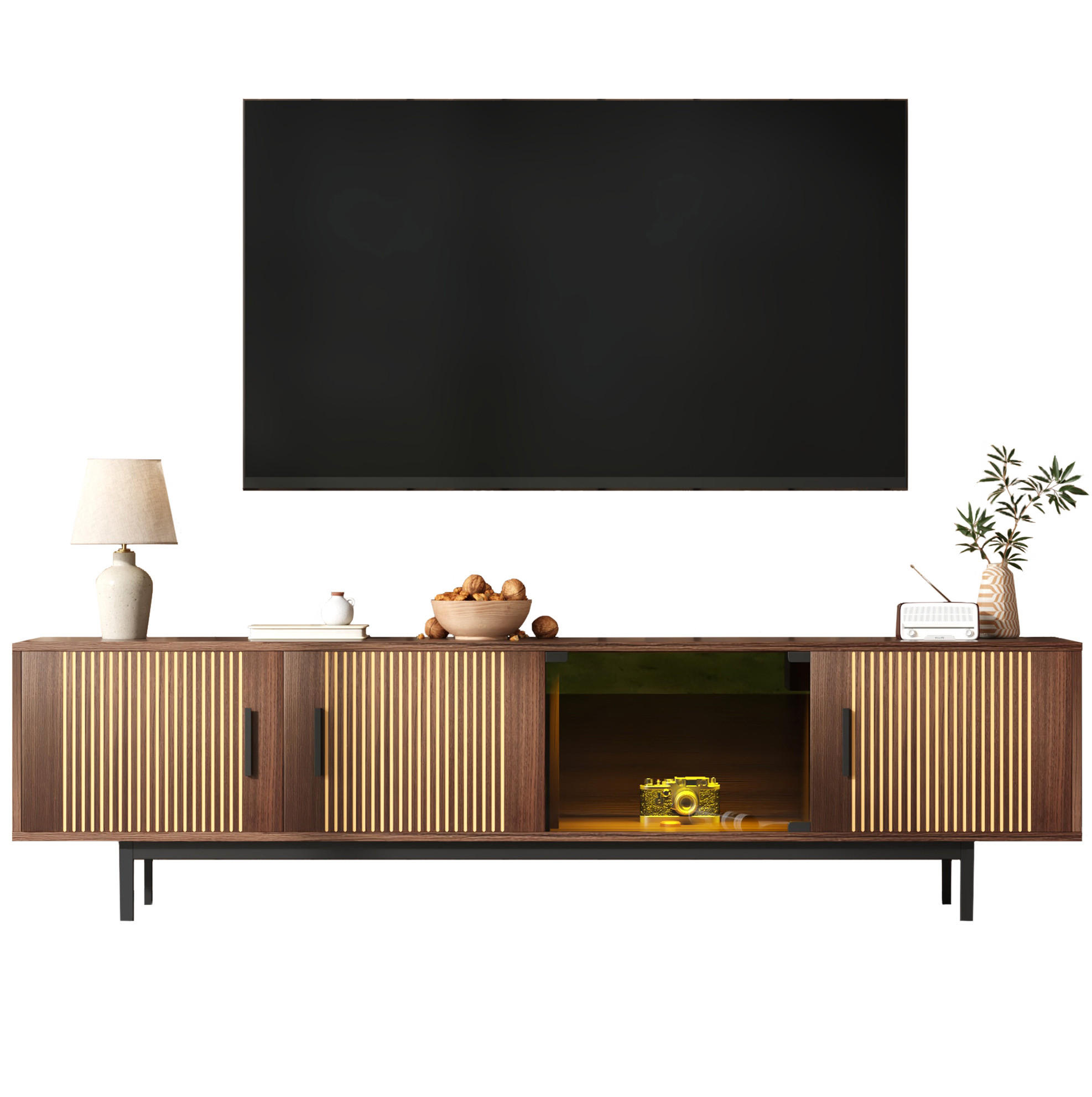LOWBOARD 200/35/53 cm in Schwarz/Walnussbraun mit LED-Beleuchtung und Glastüren - Schwarz, Holzwerkstoff (200/53/35cm) - Flora Grace