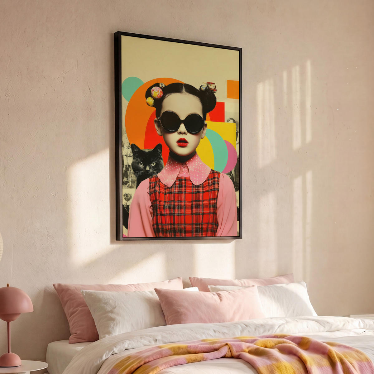 LEINWAND Bilder mit Rahmen - Mädchen - Sonnenbrille - Katze - Retro - 80x120 - Beige, Textil (80/120cm) - MuchoWow