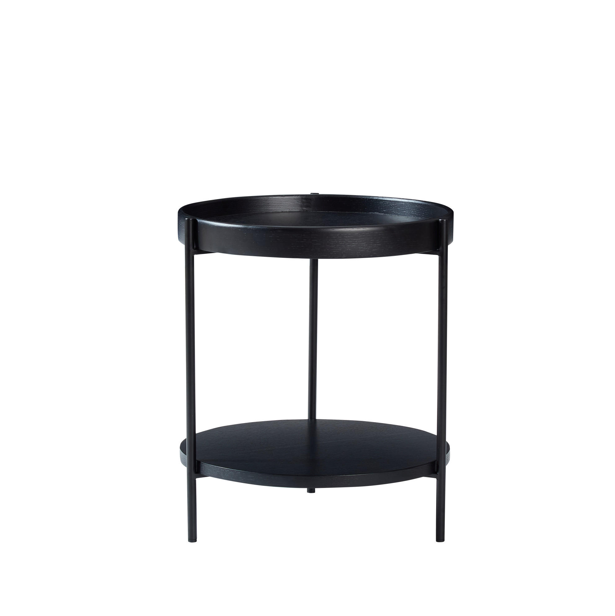 Redom KONFERENČNÍ stolek Ø69x38 cm s dvouúrovňovým odkládacím designem, dřevěným dekorem a kovovou konstrukcí, Černá