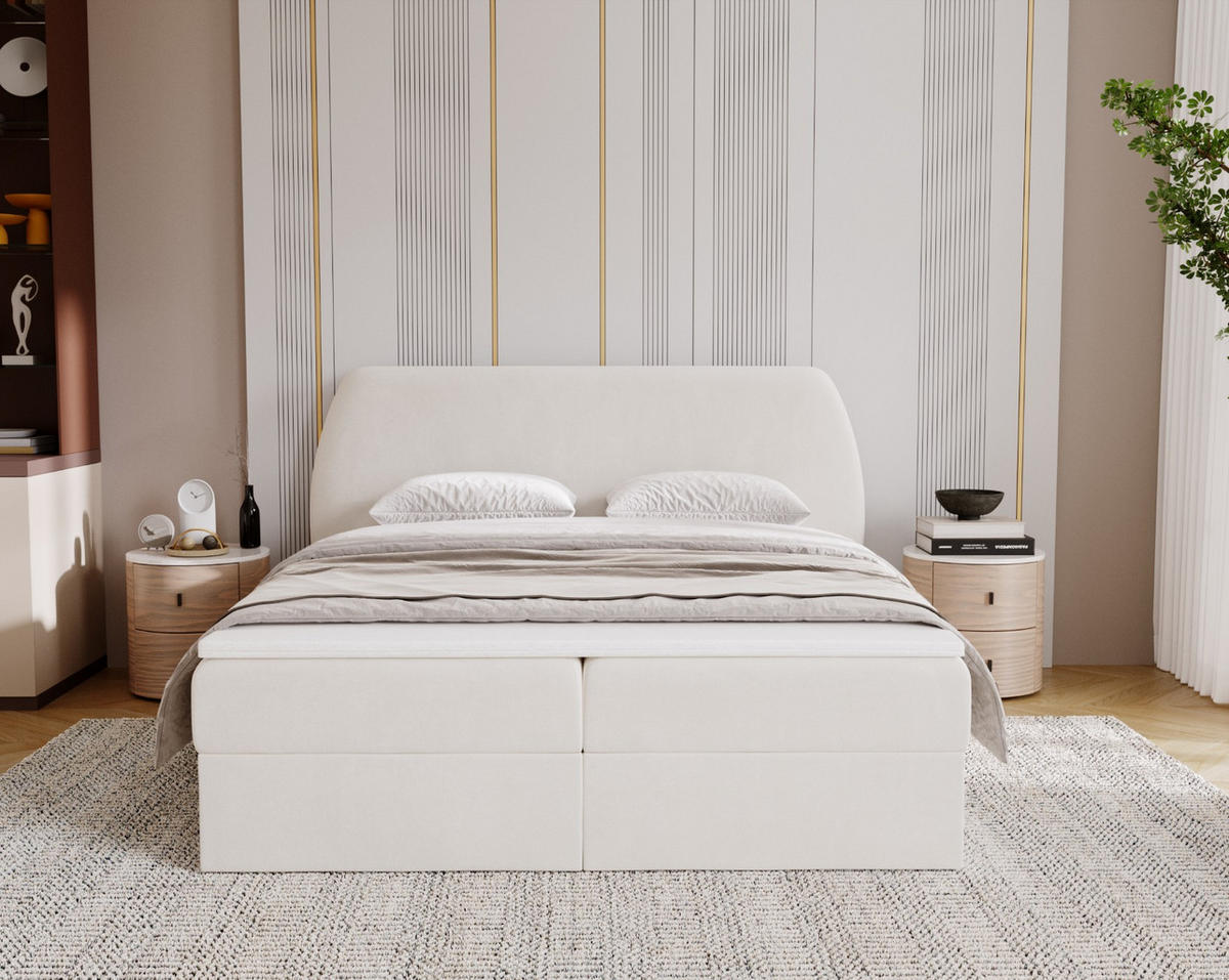 BOXBETT Bloom mit abgerundetem Kopfteil, Stoff Komodo Beige 120x200 cm - Beige, Holz (120/200cm) - Kaiser Möbel