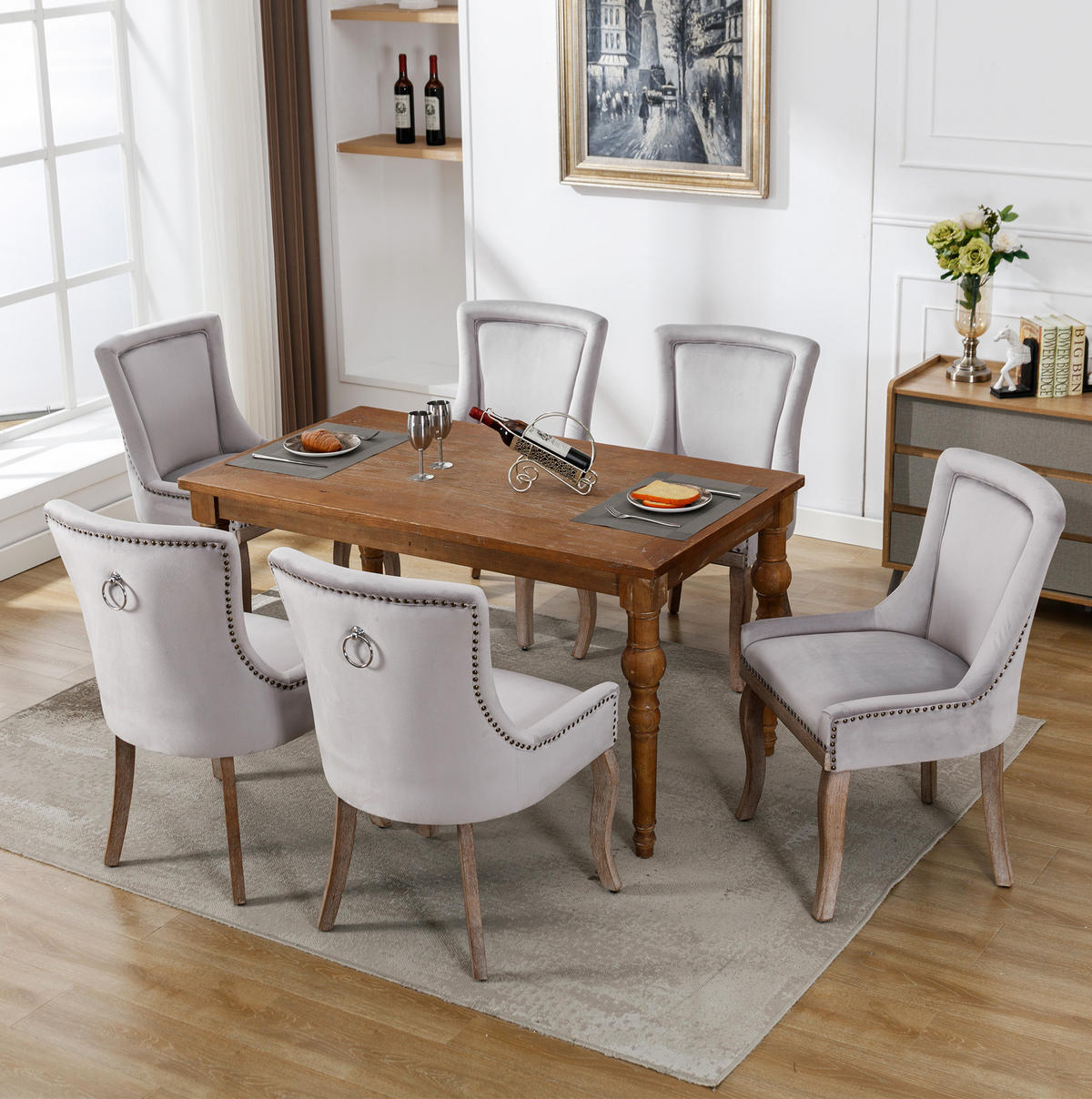 ESSZIMMERSTUHL gepolstert Samt Grau Massivholz 6er-Set - Grau, Holz (61/91/55.2cm) - Meubliv