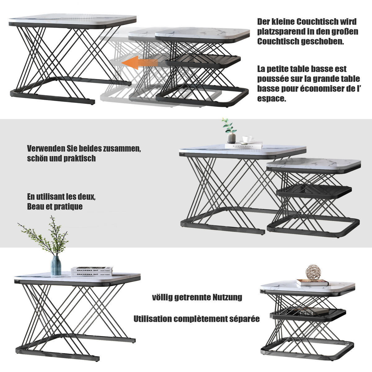 COUCHTISCH 2er Set Beistelltisch Eckig, Gold - Schwarz, Metall (60/60/45cm)