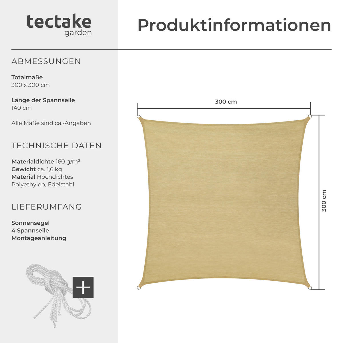 SONNENSEGEL ,inklusive Spannseile,beige - Beige, Kunststoff (300/300cm) - tectake