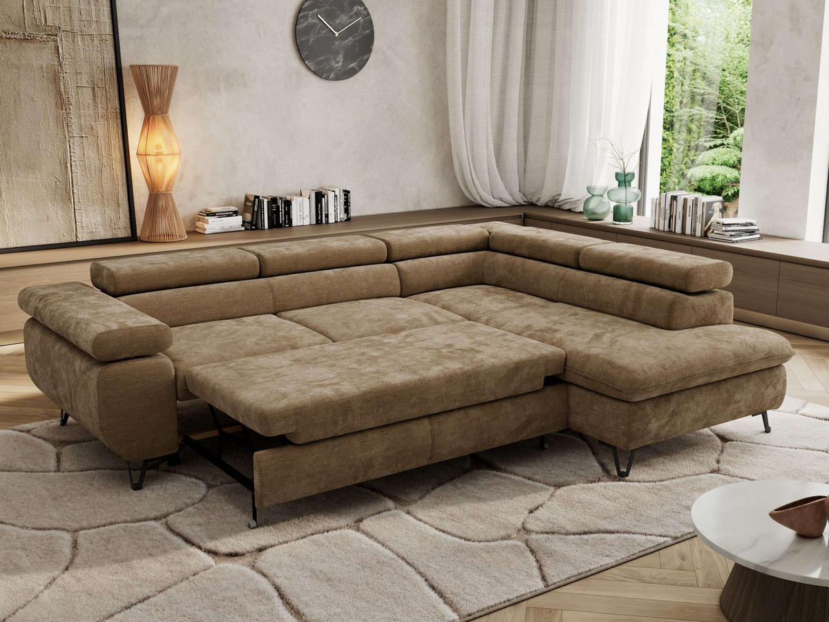 ECKSOFA PABLO L Braun Schenille glatt - Rechts Seite mit T25 Topper - Schwarz/Braun, Textil/Metall (273/208cm) - MKS