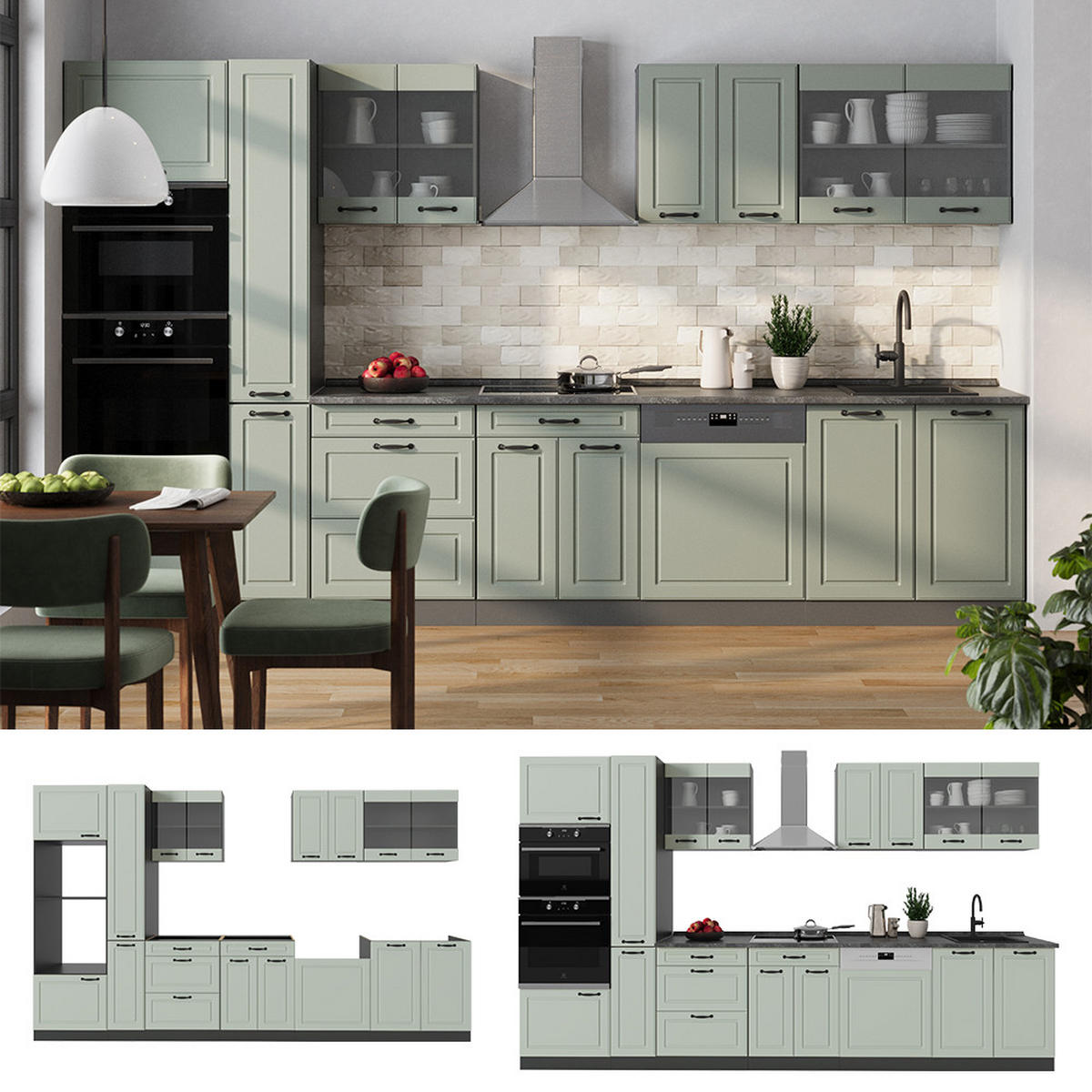 KÜCHENZEILE R-Line, Mint Landhaus/Anthrazit, 350 cm Arbeitsplatte Goldkraft Eiche - Anthrazit/Grün, Holzwerkstoff (350/206.8/60cm) - Vicco