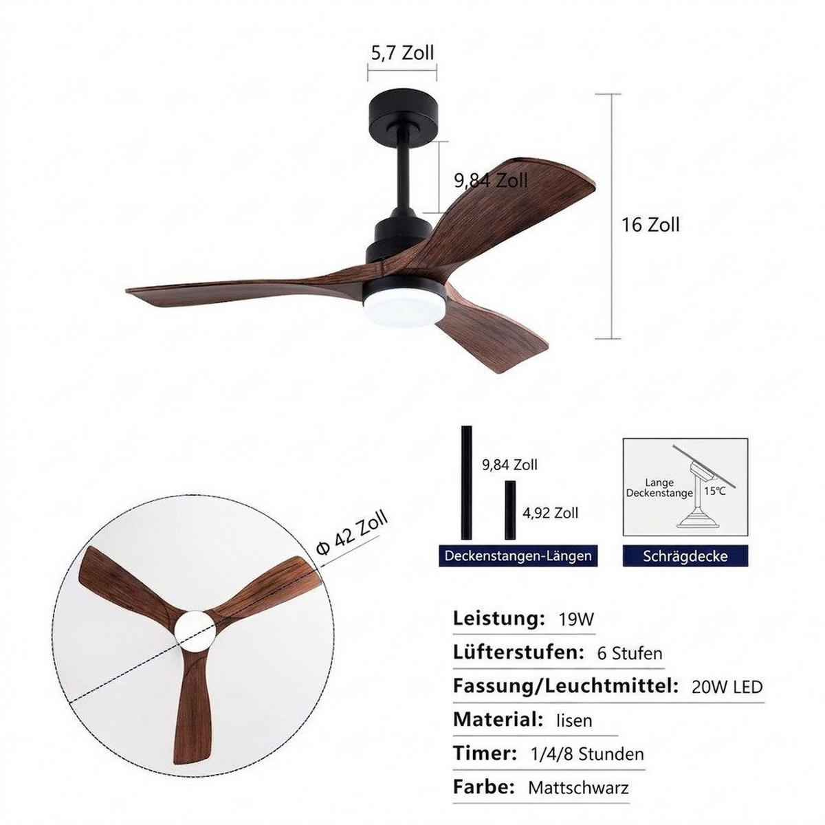 DECKENLEUCHTE mit 3 Holzflügeln, 3-Stufen Dimmer, DC-Motor - Schwarz, Holzwerkstoff (107/107/45.7cm) - BEXEVUE