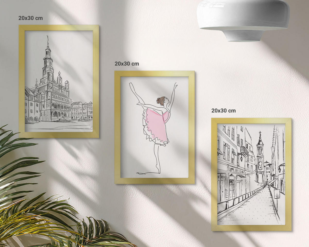BILDER SET 3er Set - 20x30 cm Goldrahmen - Stilvolle Ballerinen und Architektur - Goldfarben, Kunststoff (20/30cm) - TULUP