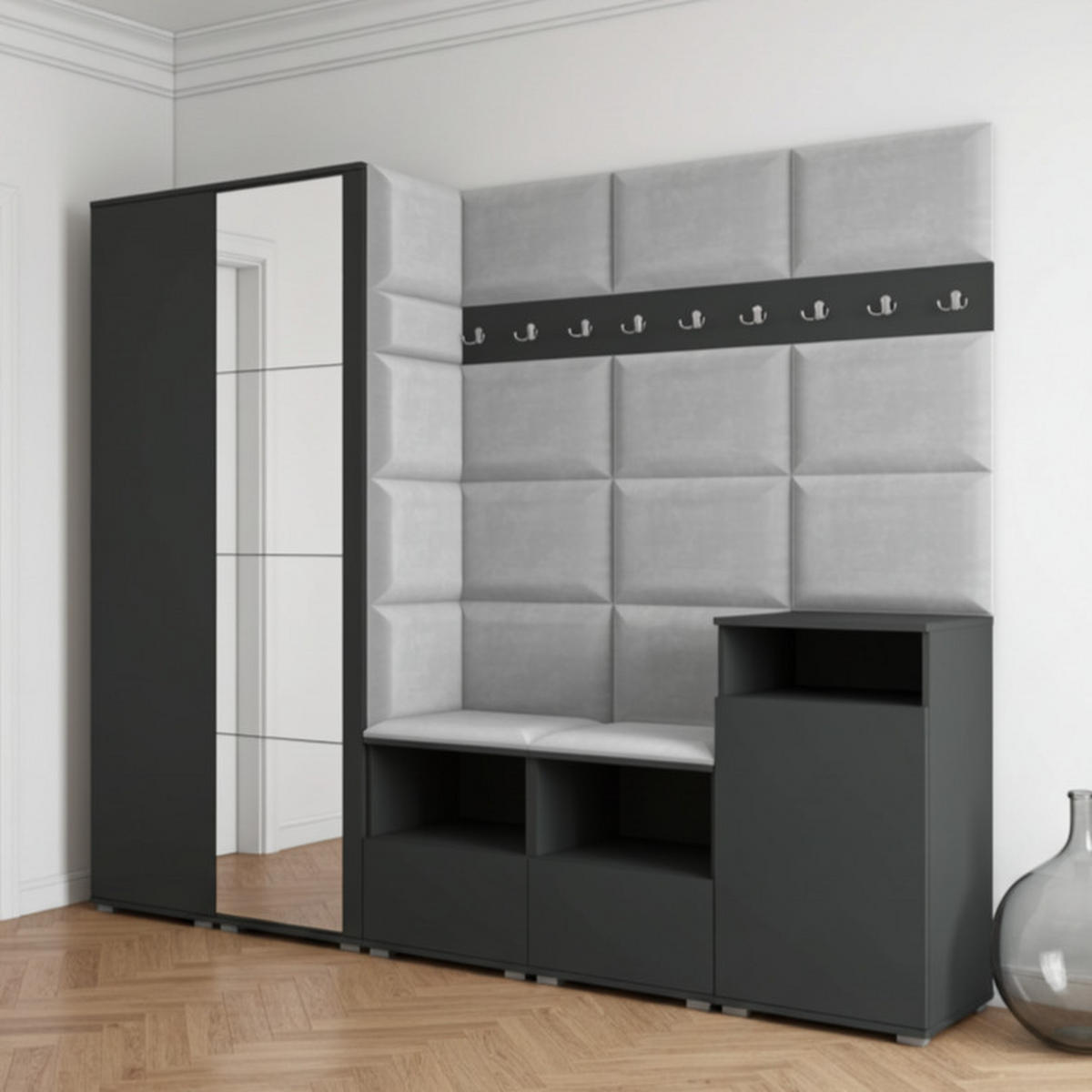 GARDEROBE NELA VIII 250 cm (Modulare Flurmöbel Graphit mit Spiegel & Sitzpolster Hellgrau 32 Set XL) - Silberfarben/Hellgrau, Holz/Holzwerkstoff (250/187/40cm) - Ravio