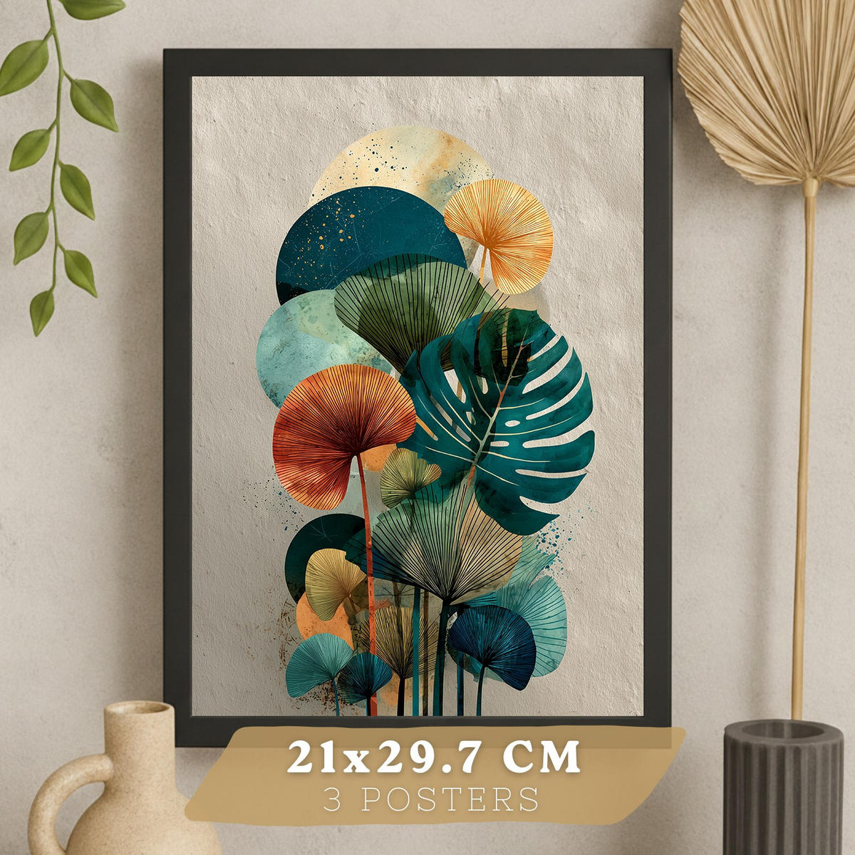 PLAKAT Sada 3 Barevná botanika A3 Černý rám - černá, papír (29.7/1/42cm) - Nacnic