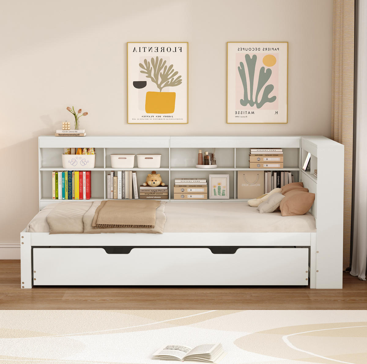 FUNKTIONSBETT 90/200 cm mit Ausziehbett 90/190 cm, USB-Anschluss und Stauraum, Massivholz, Weiß - Weiß, Holz (90/200cm) - Redom