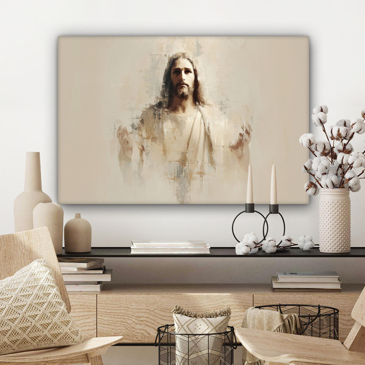 LEINWANDBILD Porträt - Abstrakt - Jesus - Beige Gemälde 60x40 cm - Beige, Textil (60/40cm) - MuchoWow