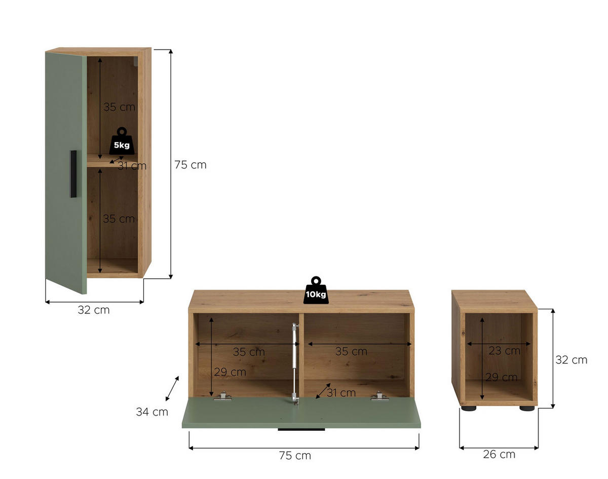 WOHNWAND The One Smoke Green 75/34/34 cm - Braun, Holzwerkstoff (75/34/34cm) - Xonox