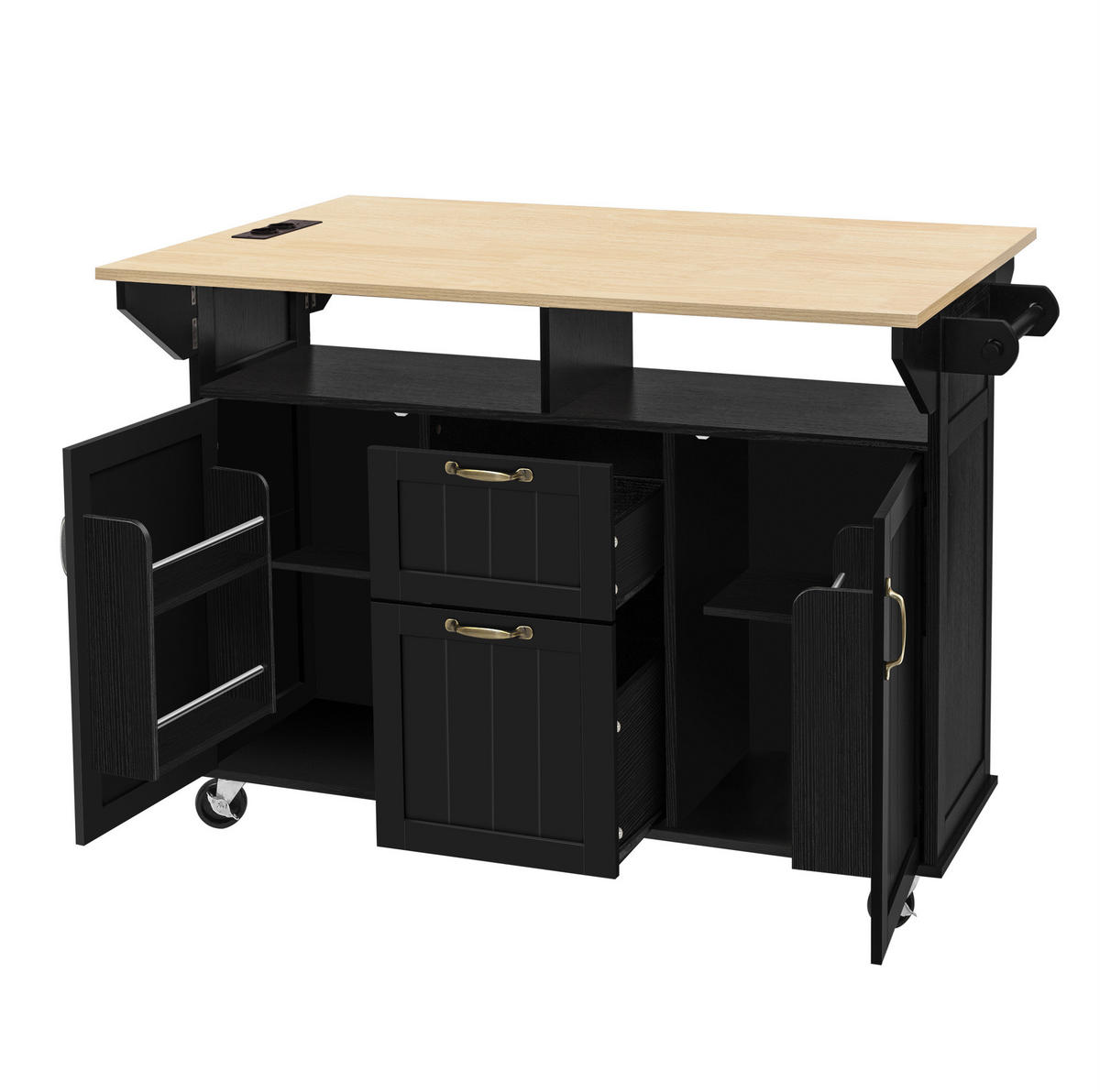 KÜCHENINSEL 120/40-60-80/92 cm mit klappbarer Tischplatte, Steckdosenleiste und Rollen aus MDF, Schwarz/Natur - Schwarz, Holzwerkstoff (120/92/80cm) - Redom