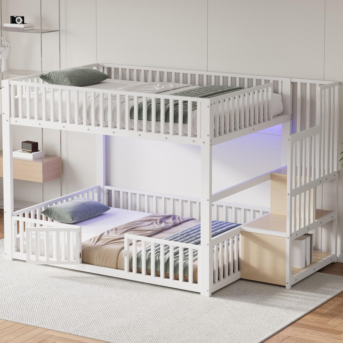ETAGENBETT 140/200 cm aus Metall und MDF mit LED-Beleuchtung und Stauraumleiter Weiß - Weiß, Holzwerkstoff (140/200cm) - Modenvie
