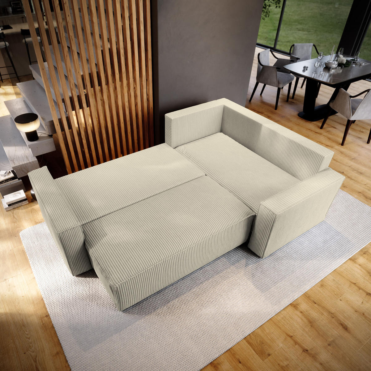 ECKSOFA ESTANO R-S Creme Kordstoff mit Schlaffunktion - Creme, Holz (230/158cm) - MASSENO