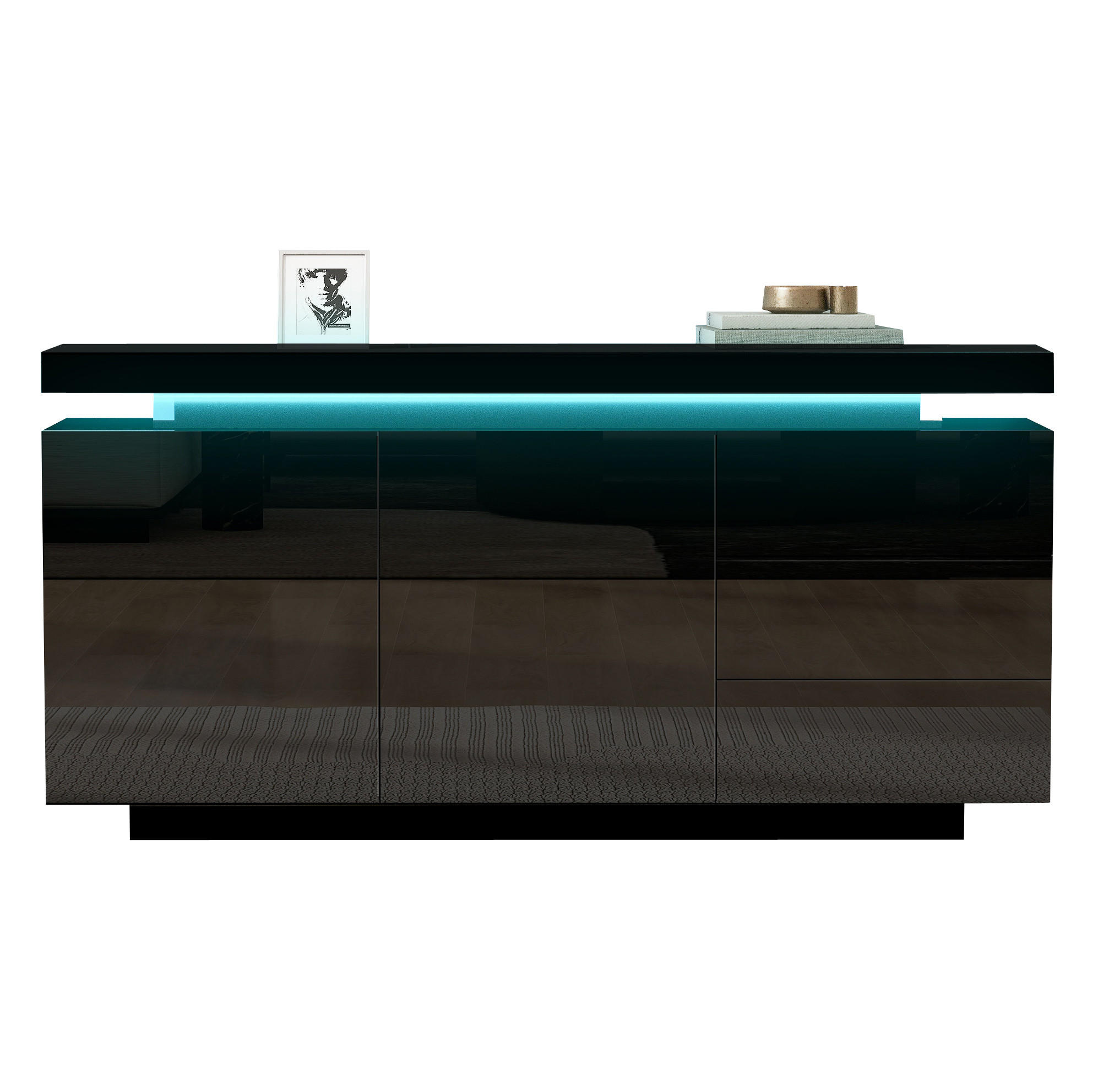 SIDEBOARD 140/35/72,5 cm aus Spanplatte mit LED-Beleuchtung und Hochglanzfront Schwarz - Schwarz, Holzwerkstoff (38/72/140cm) - Modenvie