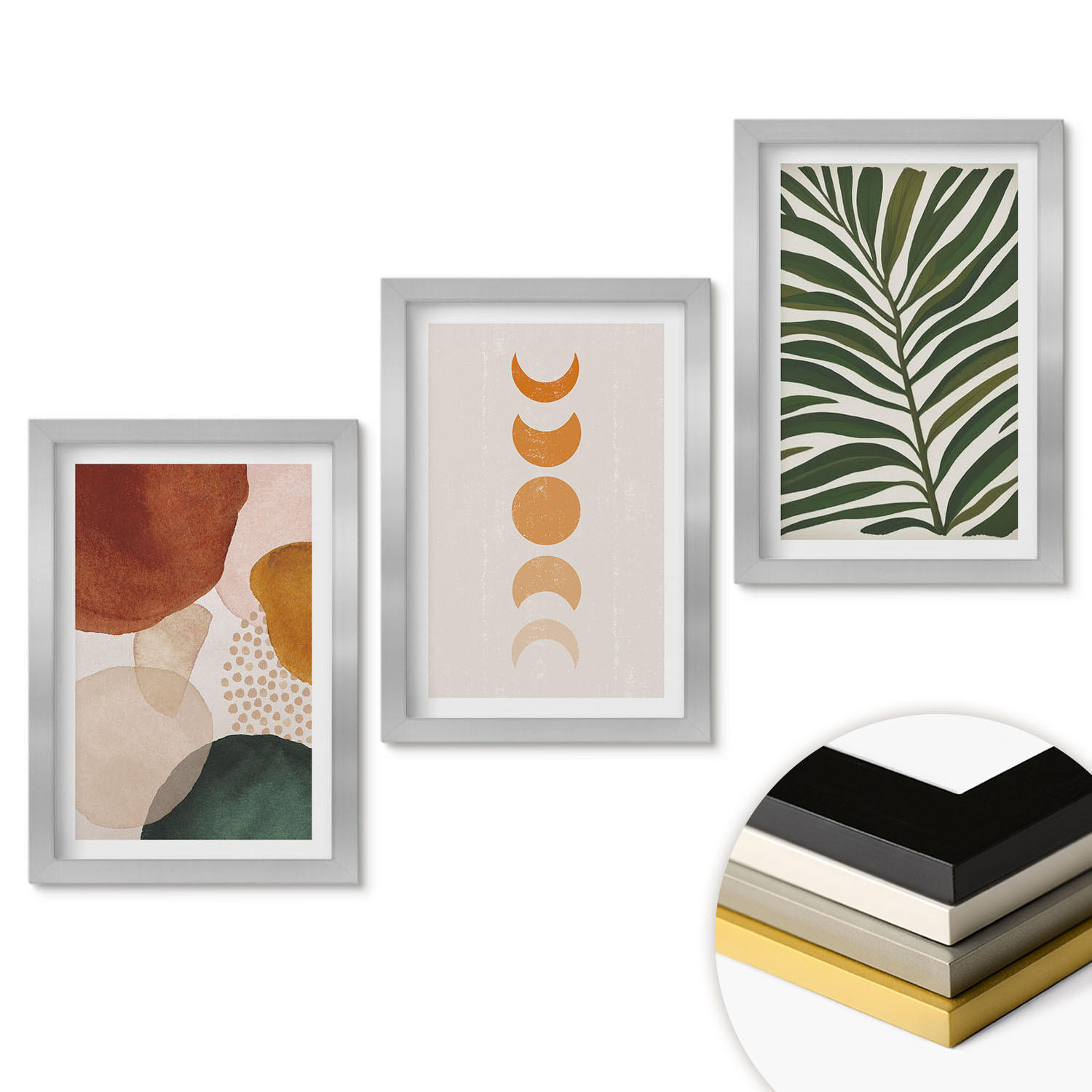 WANDBILDER 3er Set - 20x30 cm Silberner Rahmen - Abstrakte Blattformen - Silberfarben, Kunststoff (20/30cm) - ArtPrintCave
