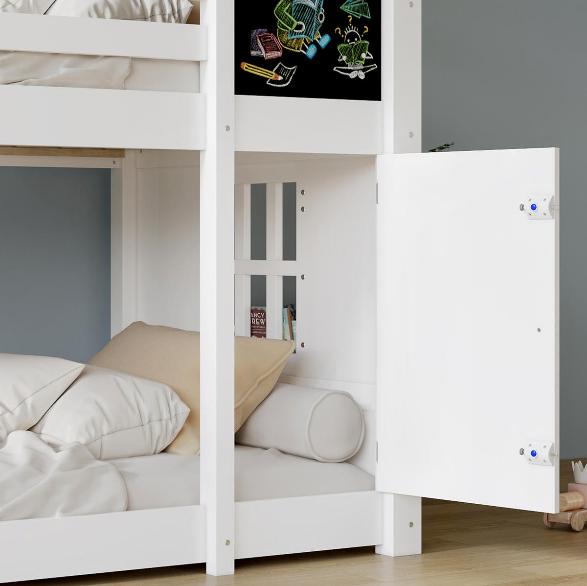 ETAGENBETT aus Kiefer und MDF 90x200 cm Weiß mit Tafel, kleiner Tür, Dach und schräger Leiter - Weiß, Holzwerkstoff (90/200cm) - Modfu