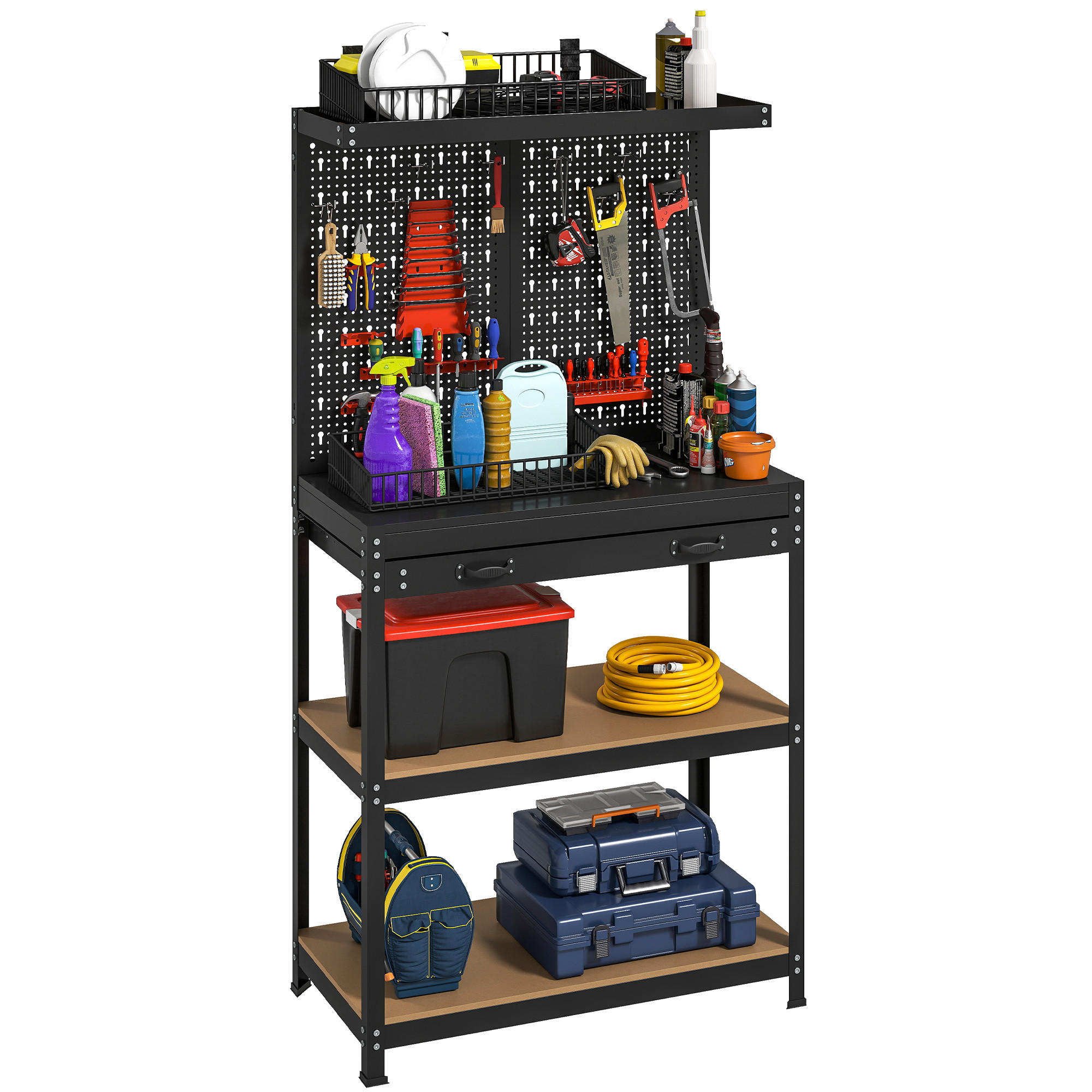 WERKBANK DE-18501 mit Lochwand, 2 Regalen & Schublade Schwarz - Schwarz, Metall (40/155/80cm) - ComfortXL