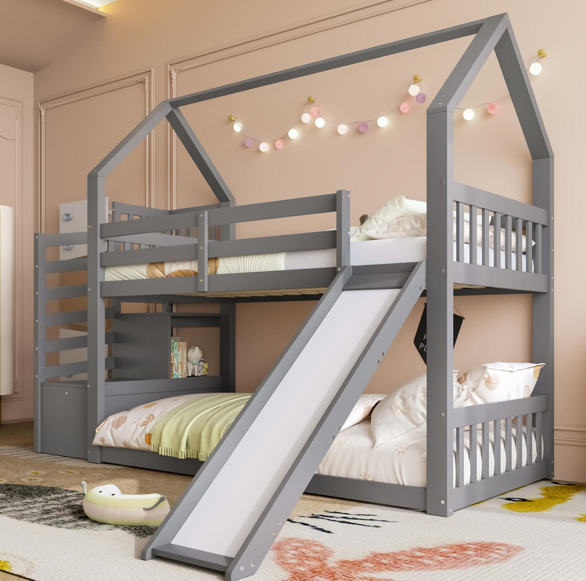 ETAGENBETT aus Kiefernholz und MDF 90x200 cm Grau mit Stauraumtreppe, Rutsche und Hausdesign - Grau, Holzwerkstoff (90/200cm) - Modfu