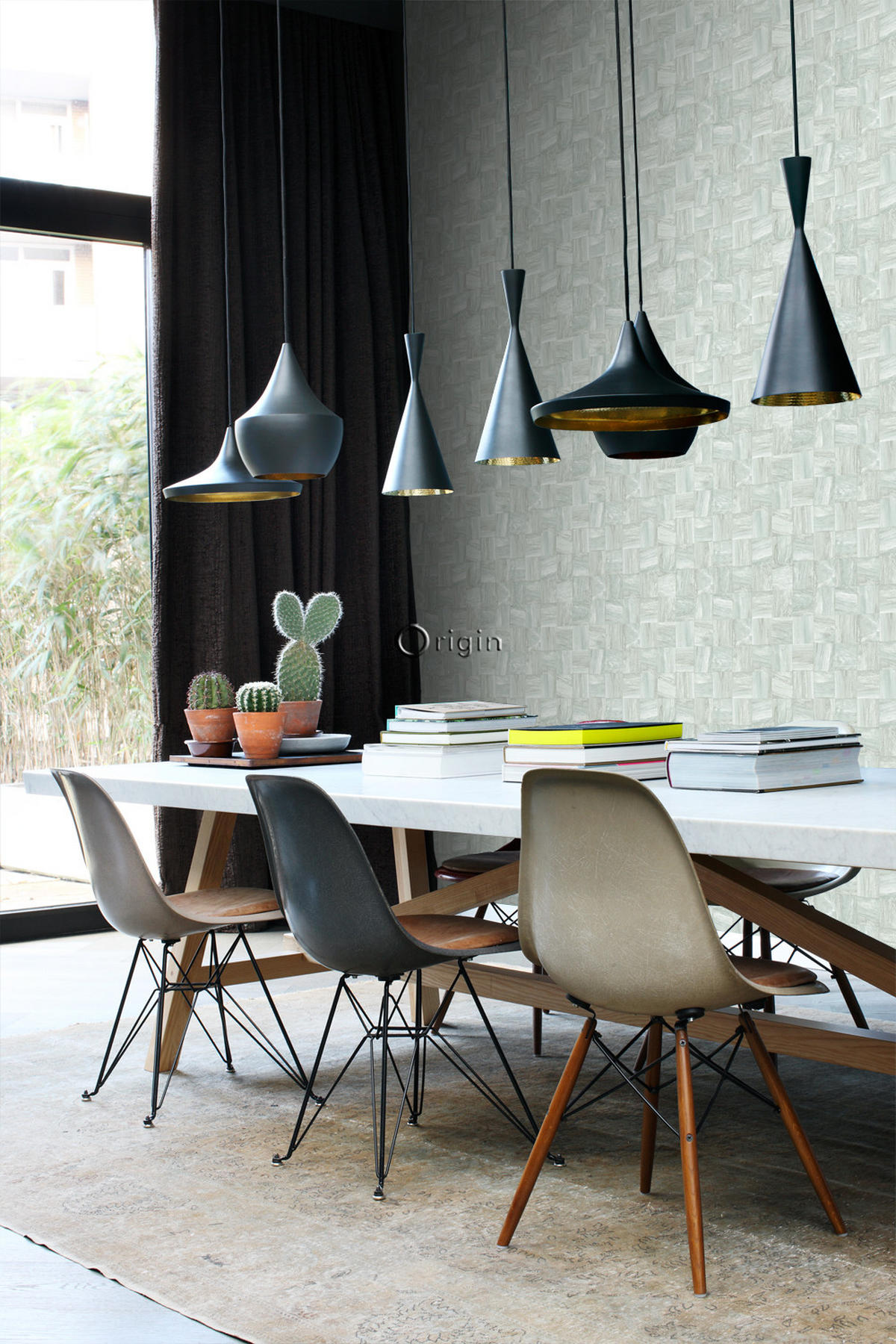 TAPETE quadratische Holzstücke 53 cm x 10.05 m - Türkis, Papier (53/1000cm) - Origin Wallcoverings