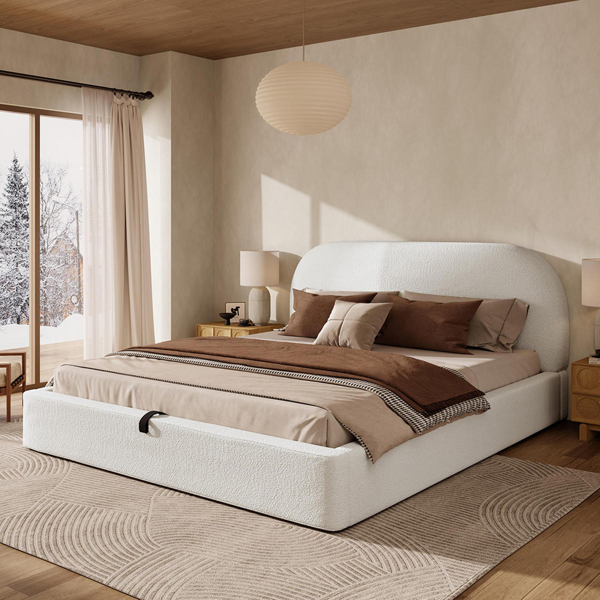 TAPECIRANI KREVET 160 x 200 cm, krevet s letvicama, tapeciranim uzglavljem, bež bouclé - bež, tekstil/drvo (160/200cm) - KOMHTOM