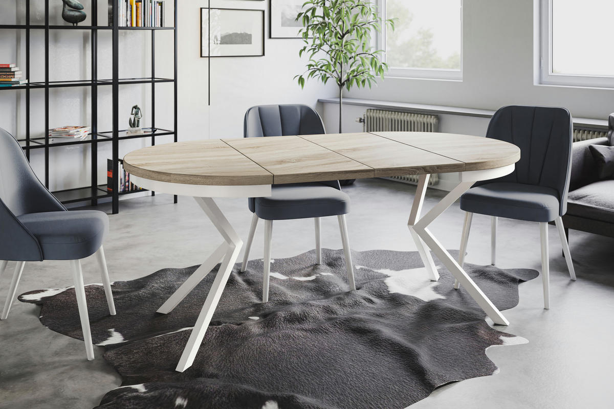 ESSZIMMERTISCH BERGO, ausziehbarer Tisch 120 cm/200 cm, Farbe: Beige, mit Metallbeinen in Farbe Weiß - Weiß/Sonoma Eiche, Holzwerkstoff (120/120/76cm) - Alpi-Möbel