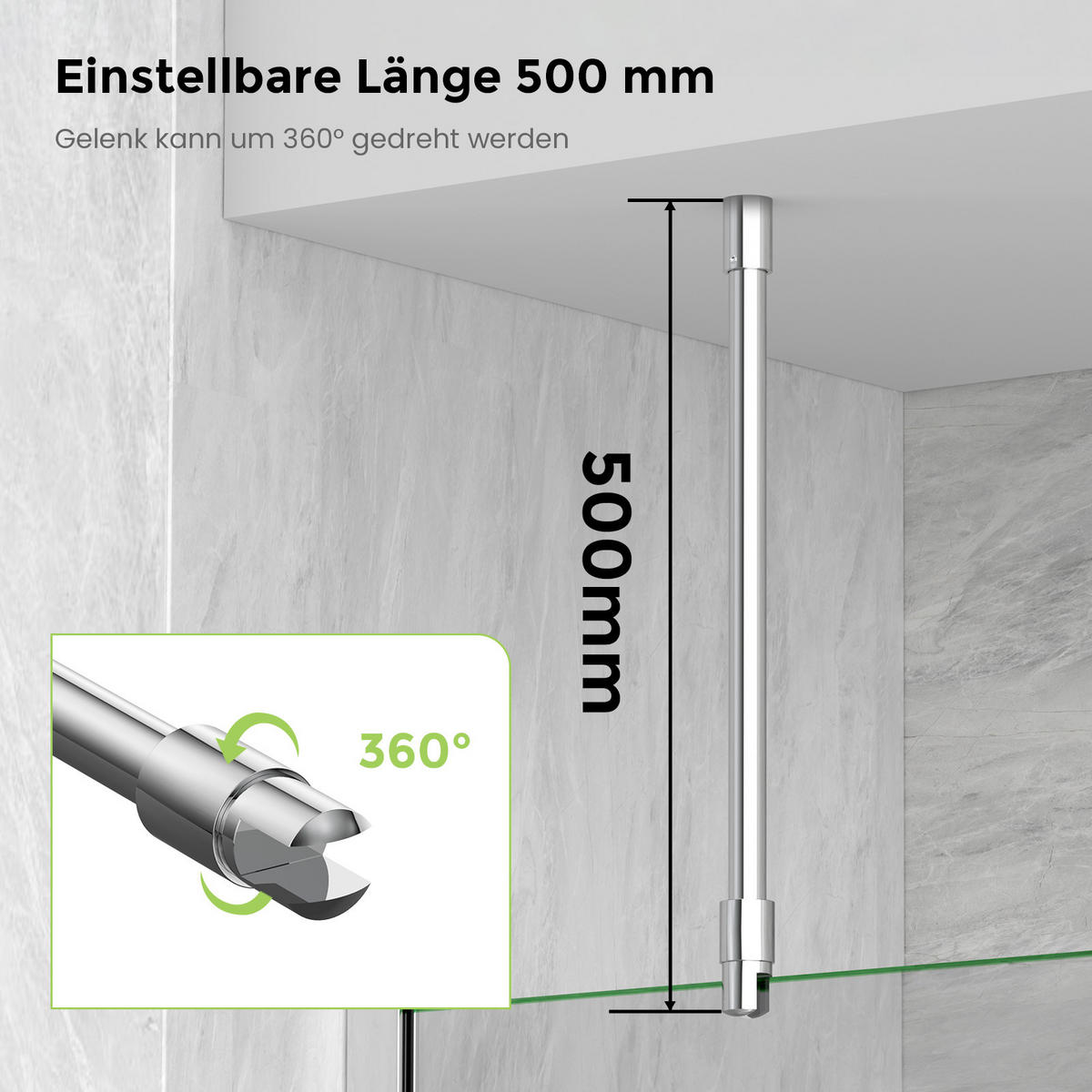 STABILISIERUNGSSTANGE 50 cm für Duschwand aus Edelstahl verchromt 6–10 mm mit 360°-Gelenk - Chromfarben, Metall (1.9/50cm) - S'AFIELINA