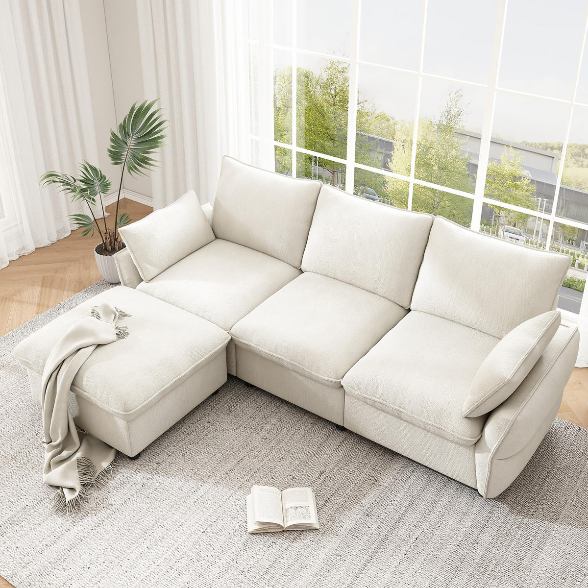 ECKSOFA 222.5/154.5/76.5 cm Beige Chenille mit 1 Fußhocker - Beige, Textil (222.5/154.5cm) - Oxeza