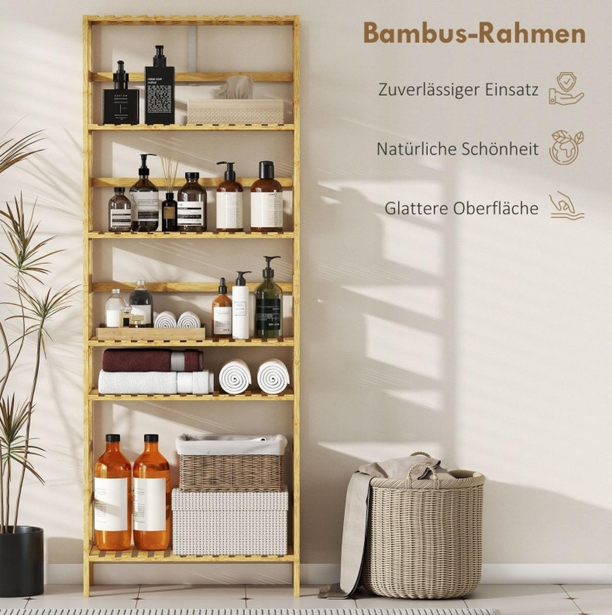 STANDREGAL 60/26/161 cm mit 6 Ebenen, verstellbaren Böden und Kippschutz, Bambus Natur - Naturfarben, Naturmaterialien (60/161/26cm) - Redom