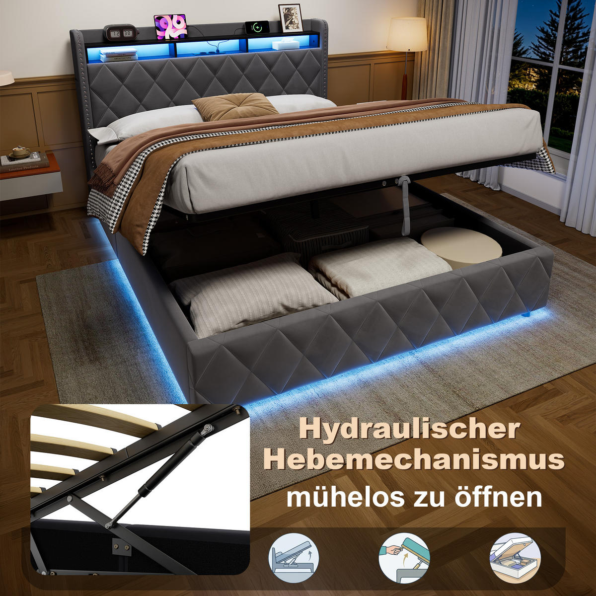 ČALOUNĚNÁ postel 160/200 cm tmavě šedá ze sametu, dřeva a kovu s hydraulickým úložným prostorem, LED osvětlením a nabíjecími konektory - tmavě šedá, textil (160/200cm) - OKWISH