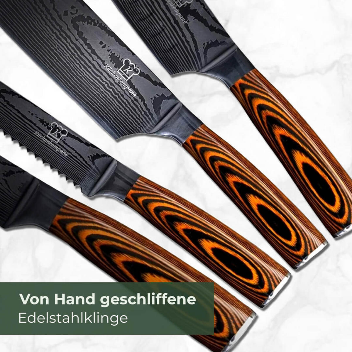 MESSER-SET 8-tlg. mit Edelstahlklingen und ergonomischen Pakkaholz-Griffen - Braun, Holz/Metall - Küchenkompane