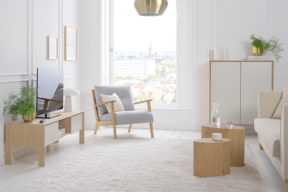 TV-LOWBOARD - Eiche teilmassiv - Mushroom Creme / Eiche Hell - Eichefarben/Creme, Holz/Holzwerkstoff (140/44/45cm) - home24