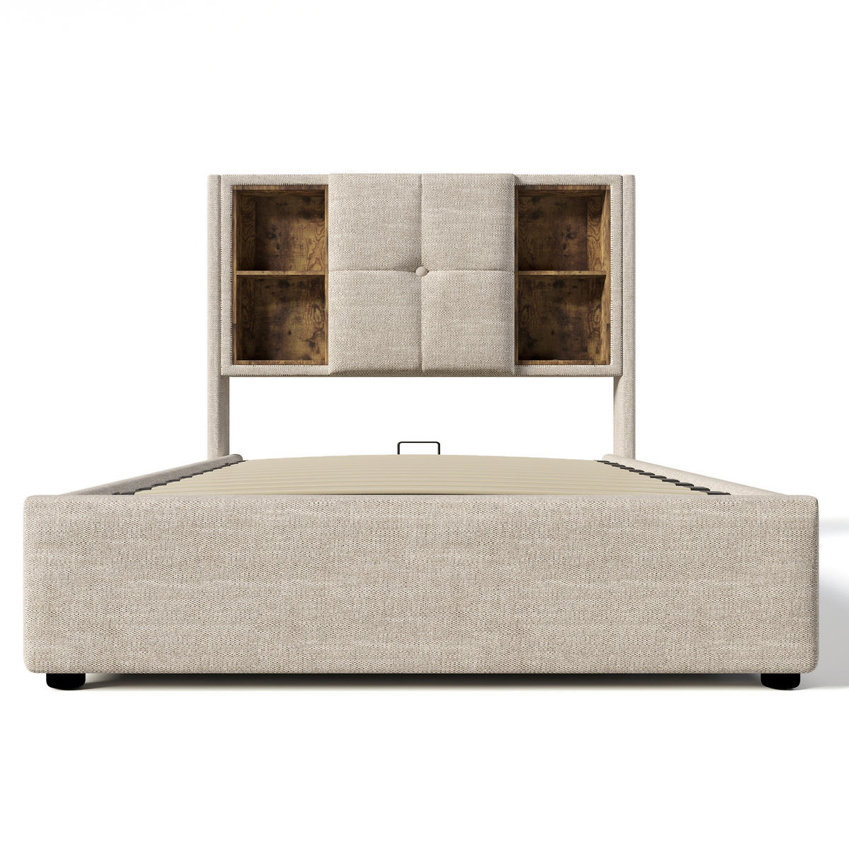 BETT mit Stauraum und Ladestation 90x200 cm Linen Natural - Braun, Metall (90/200cm) - Meubliv