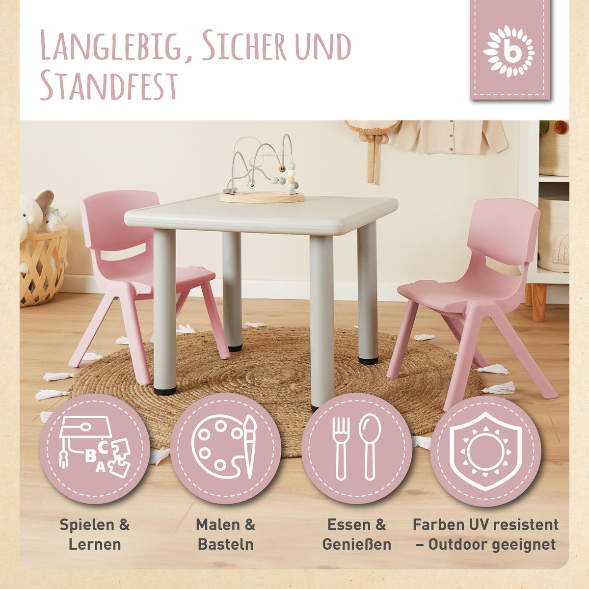 KINDERTISCH mit 2 Stühlen stapelbar - Rosa, Kunststoff (62/52/62cm) - Bieco Spielwaren
