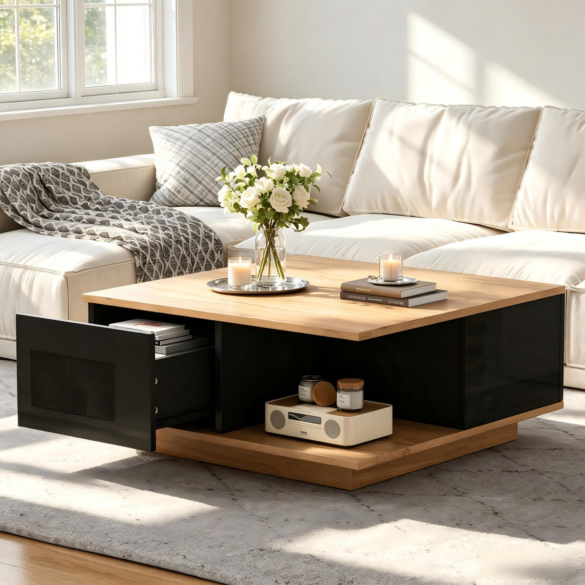 COUCHTISCH 70x70x31.5cm Schwarz Holzfarbe mit 3 Schubl. - Walnussfarben/Schwarz, Holzwerkstoff (70/70/31.5cm) - FLIEKS