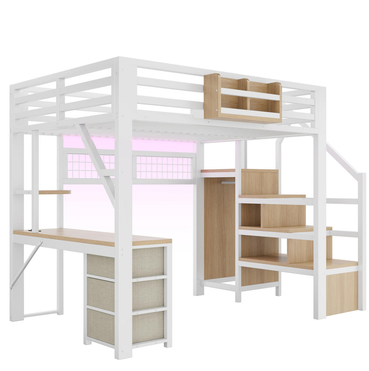 HOCHBETT 140/200 cm Weiß mit Treppenschrank und Schreibtisch - Weiß, Metall (140/200cm) - MIVRAY