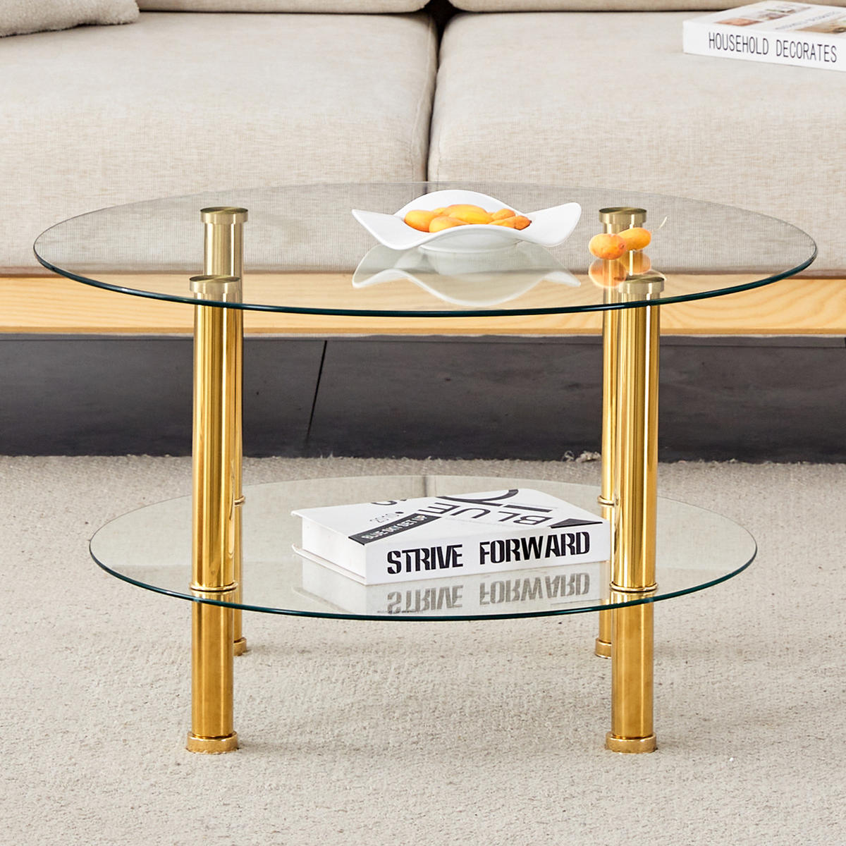 COUCHTISCH in Gold zweistufiger Glascouchtisch mit leichtem Luxusdesign für Wohnzimmer, B70/T70/H42 cm - Transparent/Goldfarben, Glas/Holzwerkstoff (70/70/42cm) - STILVORA