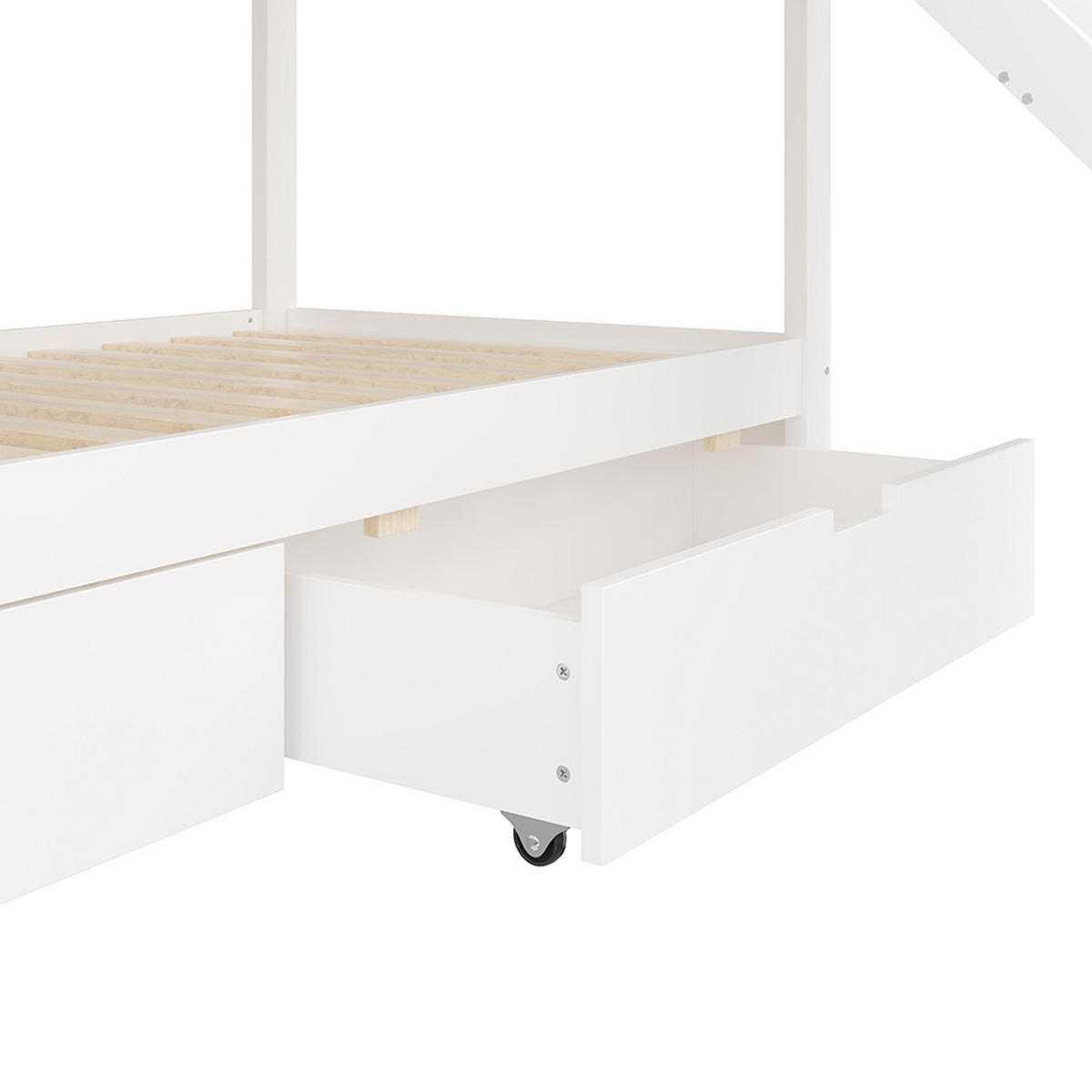 HAUSBETT 90X200 cm mit Rutsche und 2 Schubladen, Weiß+Natural - Weiß, Holz (90/200cm) - KOMHTOM