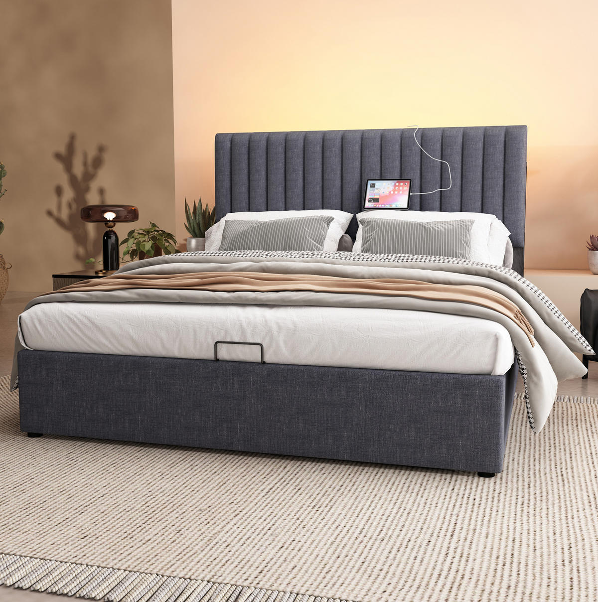POLSTERBETT mit LED-Beleuchtung 160/200 cm mit Stauraum, USB-C und Matratze - Grau, Textil (160/200cm) - BEAOK